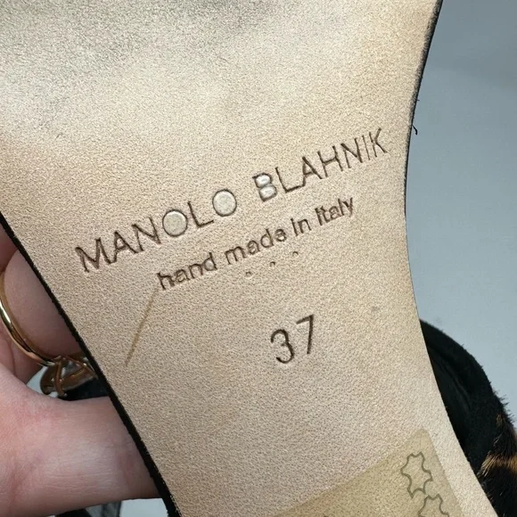 Manolo Blahnik Leopard Calf Hair Block Heel Sandals Size 37 US 7